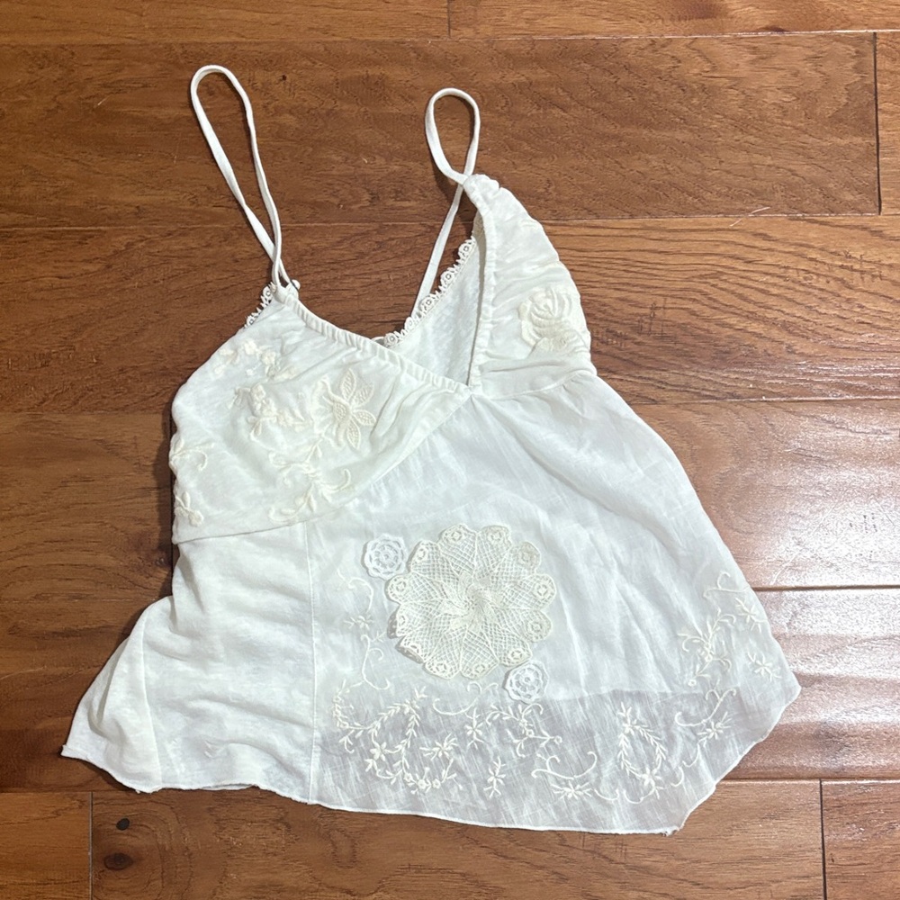 Anthropologie Cream Embroidered Lace-Trim Tank Top
